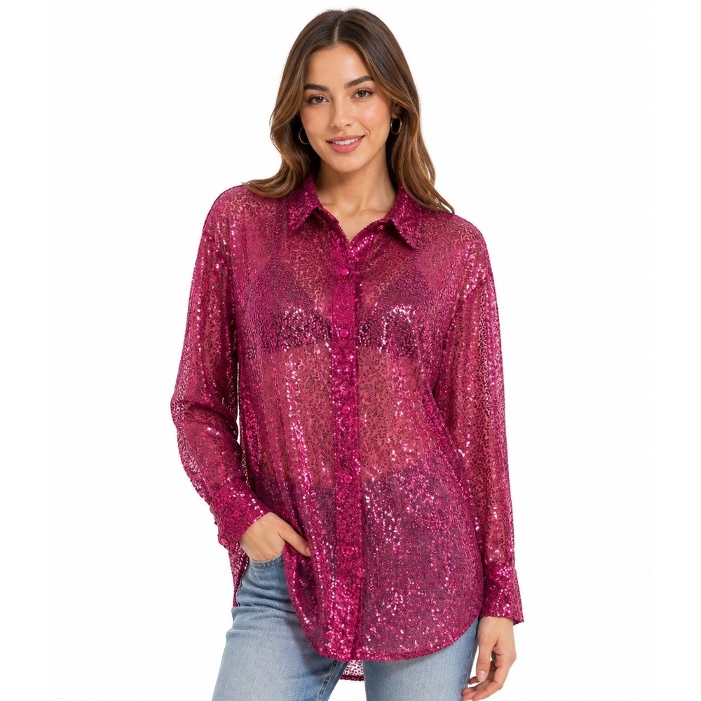 PrettyLittleThing Sequin Shirt Women Size 6 Pink Long Sleeve Button‎ Up Glam Top